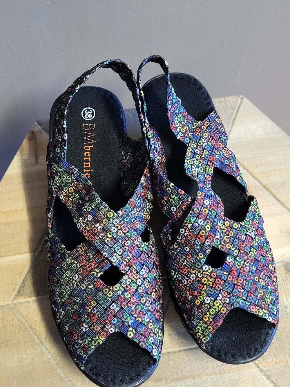 bernie mev. Multicolor Rainbow Woven Slingback Wedge Sandals